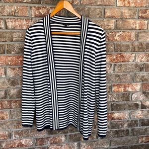 Talbots lambs wool blend open cardigan, navy and white stripes. Size small
